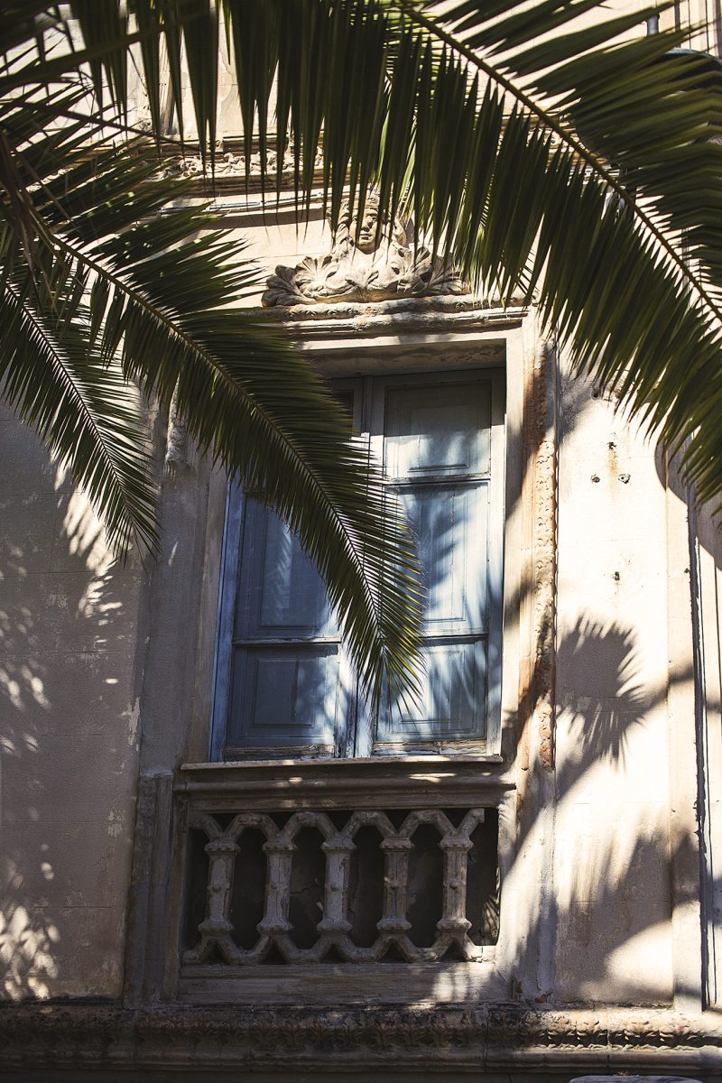 FM0B77063res Luce e ombra si sulla facciata di un palazzetto antico, tra le fronde di una palma e un balcone in pietra scolpita